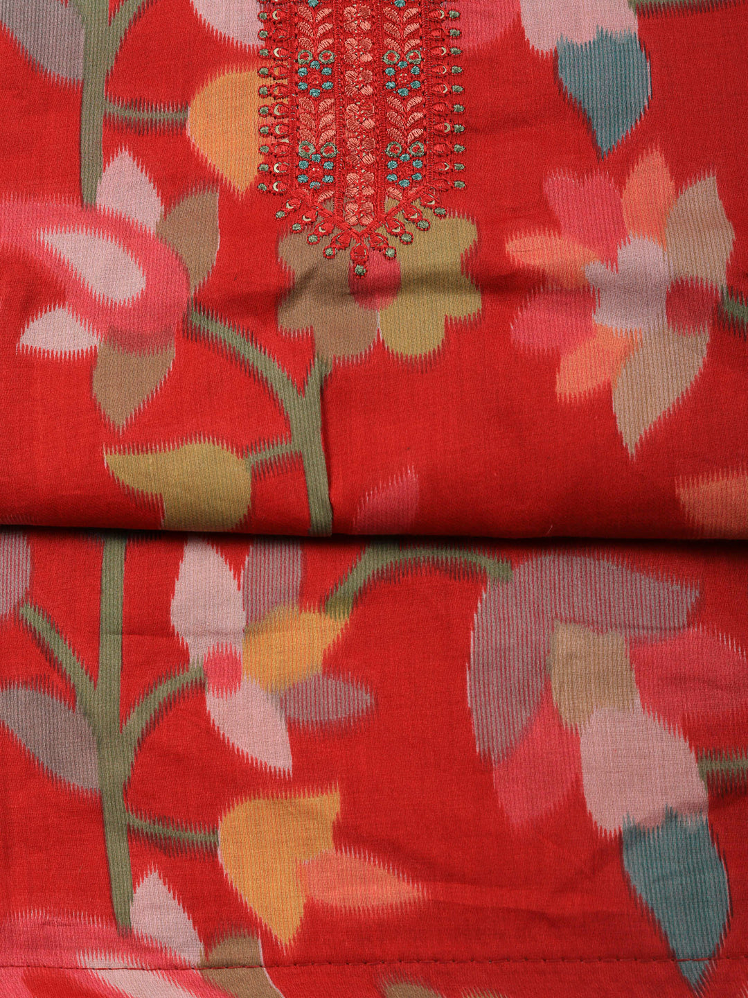 Red Printed Cotton Blend Unstitched Dress Material