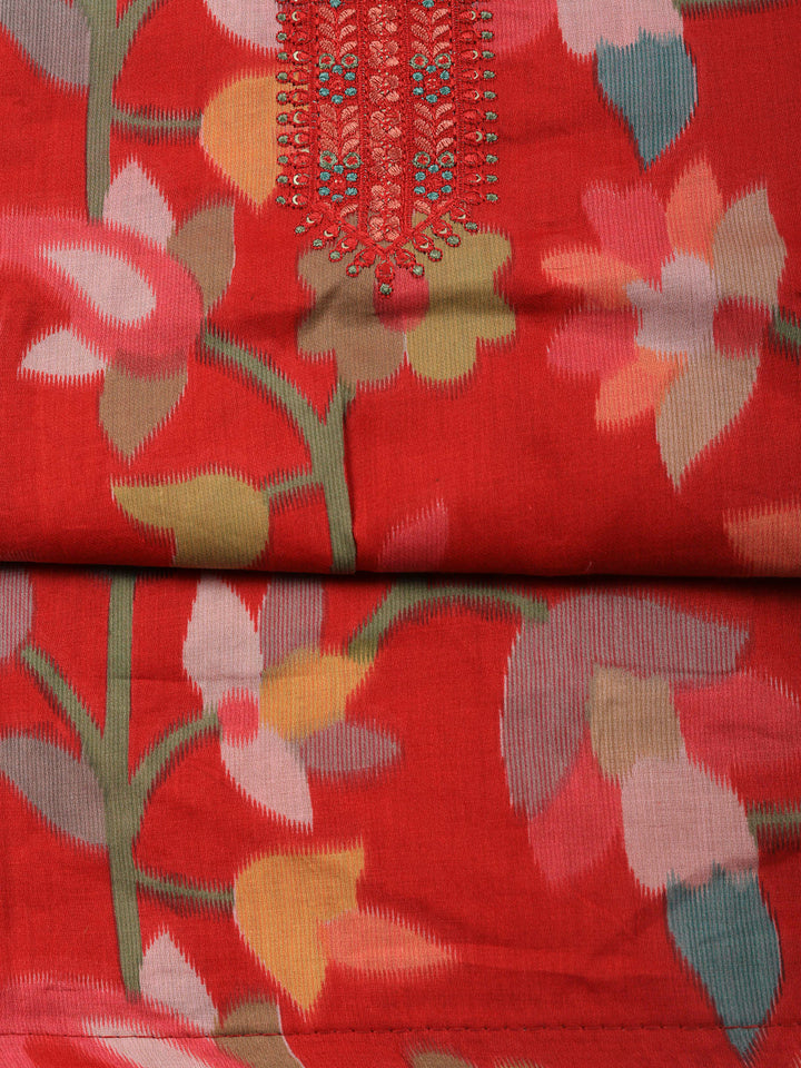 Red Printed Cotton Blend Unstitched Dress Material