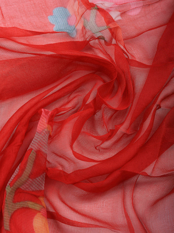 Red Printed Cotton Blend Unstitched Dress Material