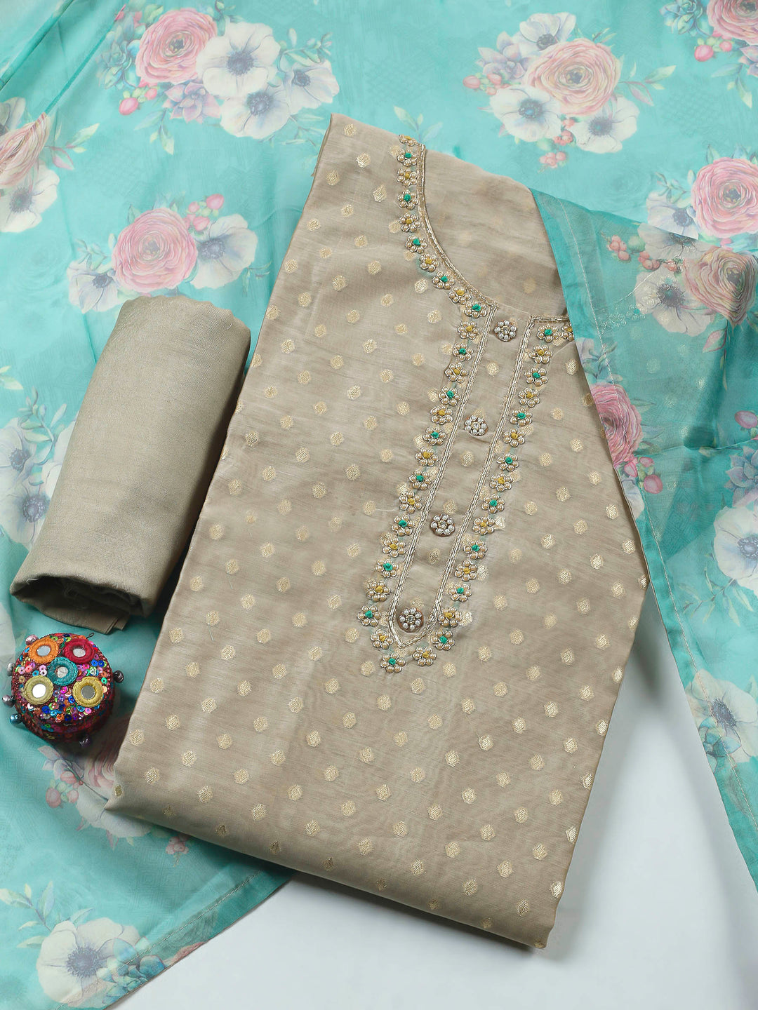 Beige-Green Embroidery Chanderi Unstitched Dress Material