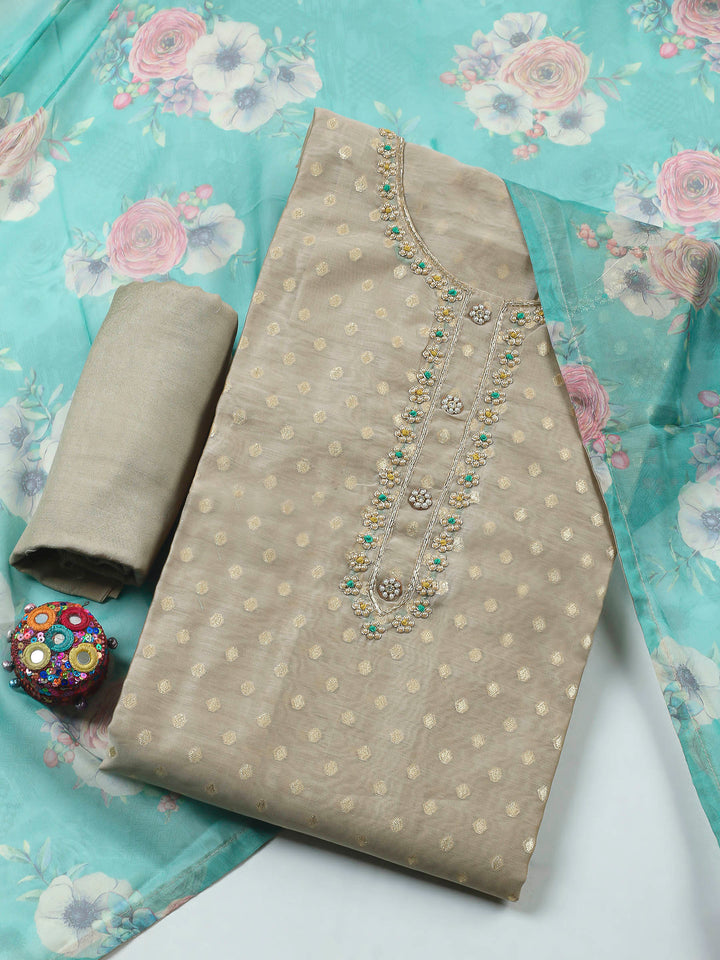Beige-Green Embroidery Chanderi Unstitched Dress Material