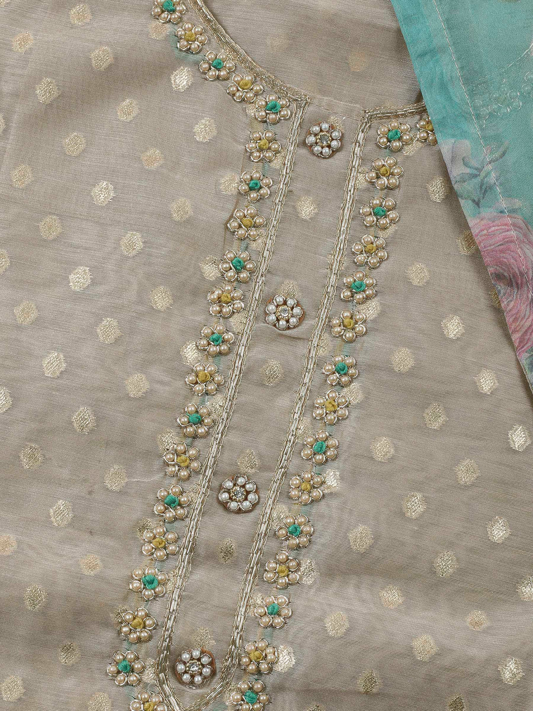 Beige-Green Embroidery Chanderi Unstitched Dress Material