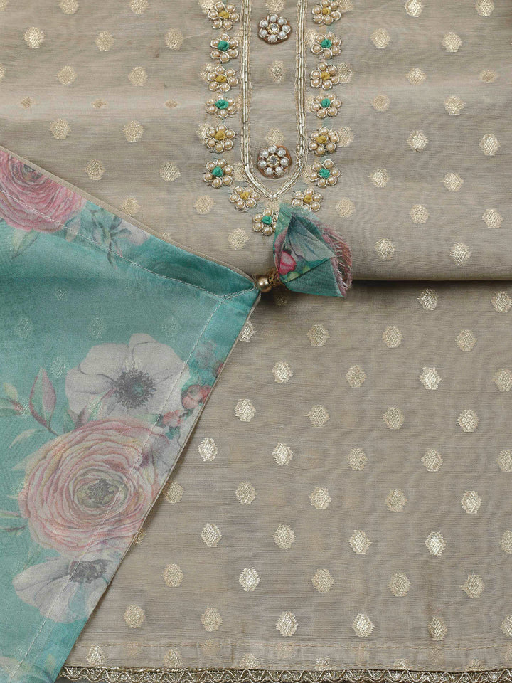 Beige-Green Embroidery Chanderi Unstitched Dress Material