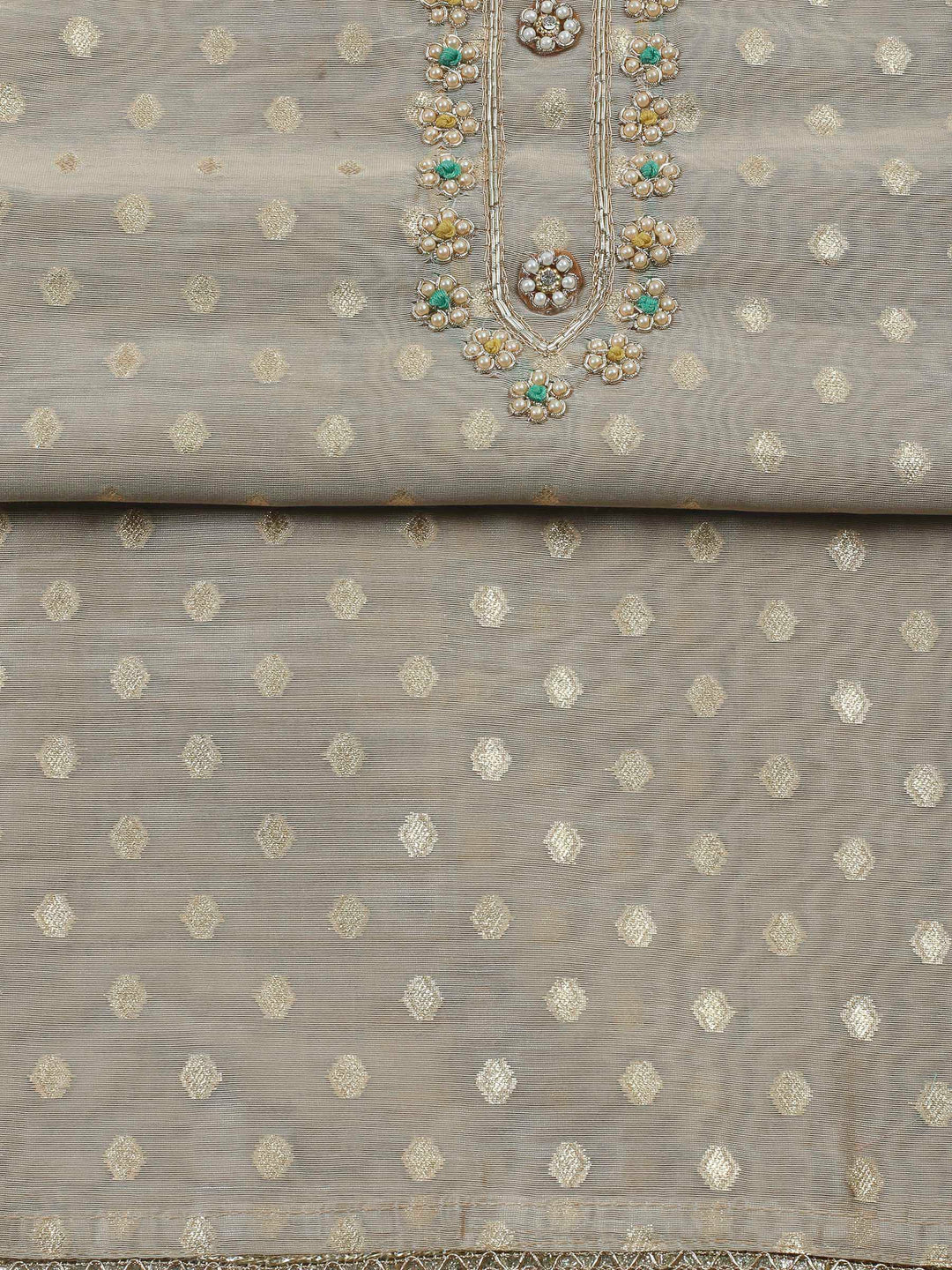 Beige-Green Embroidery Chanderi Unstitched Dress Material