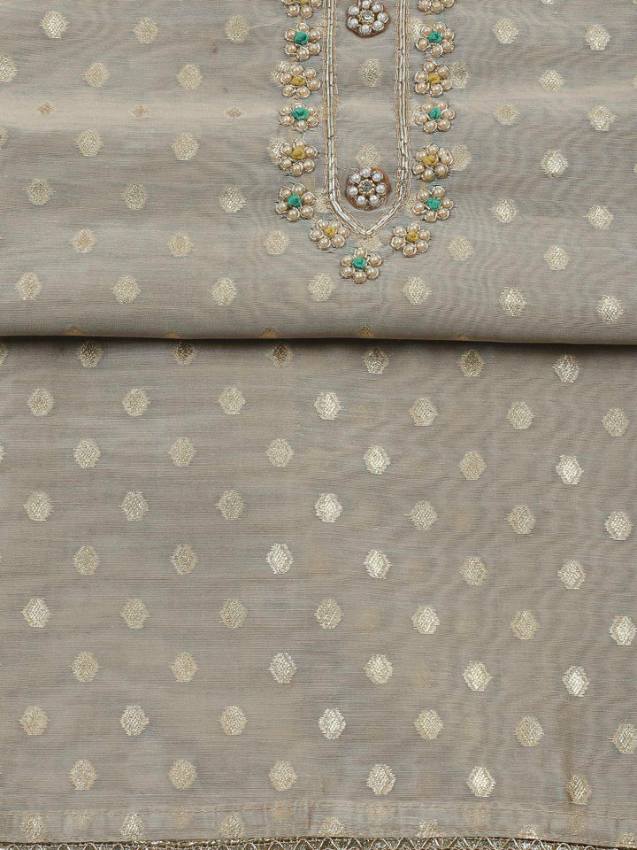 Beige-Green Embroidery Chanderi Unstitched Dress Material