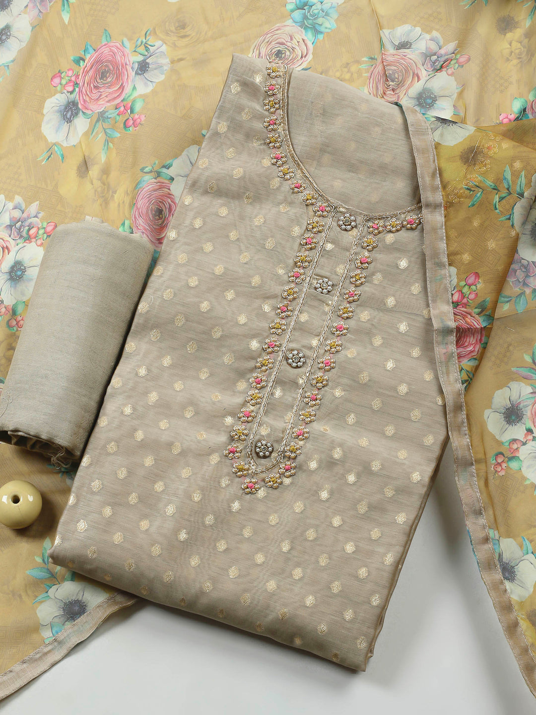 Beige-Mustard Embroidery Chanderi Unstitched Dress Material