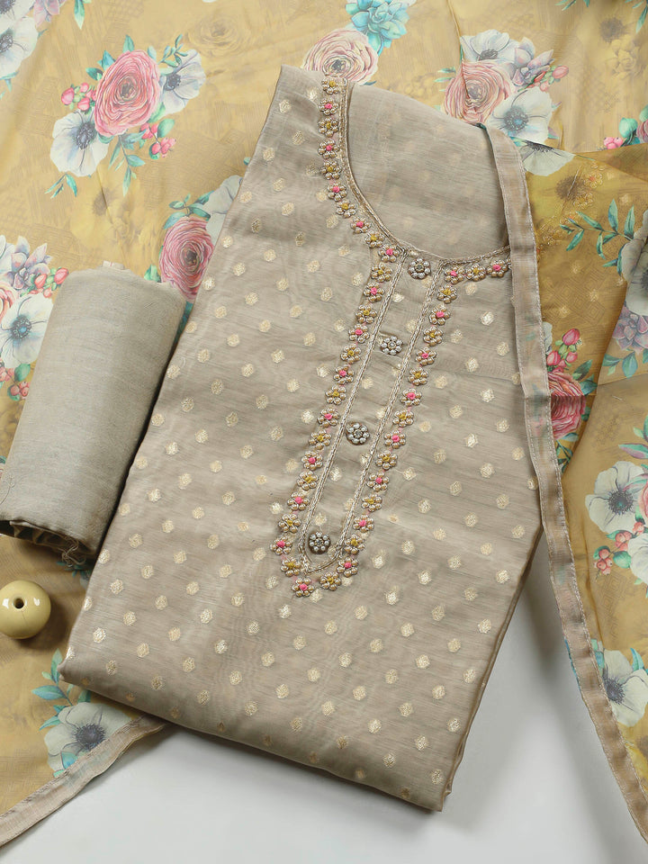 Beige-Mustard Embroidery Chanderi Unstitched Dress Material