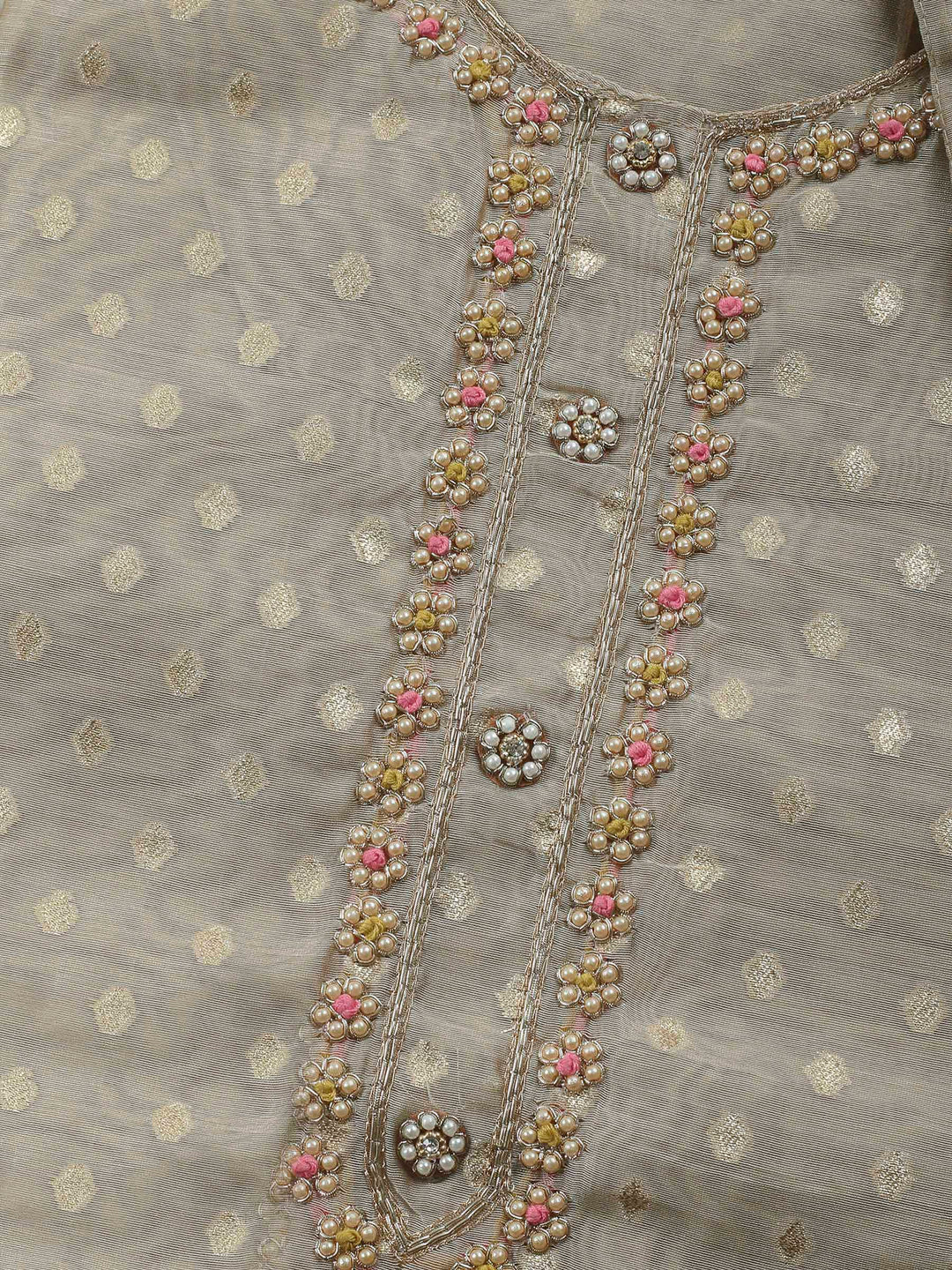 Beige-Mustard Embroidery Chanderi Unstitched Dress Material