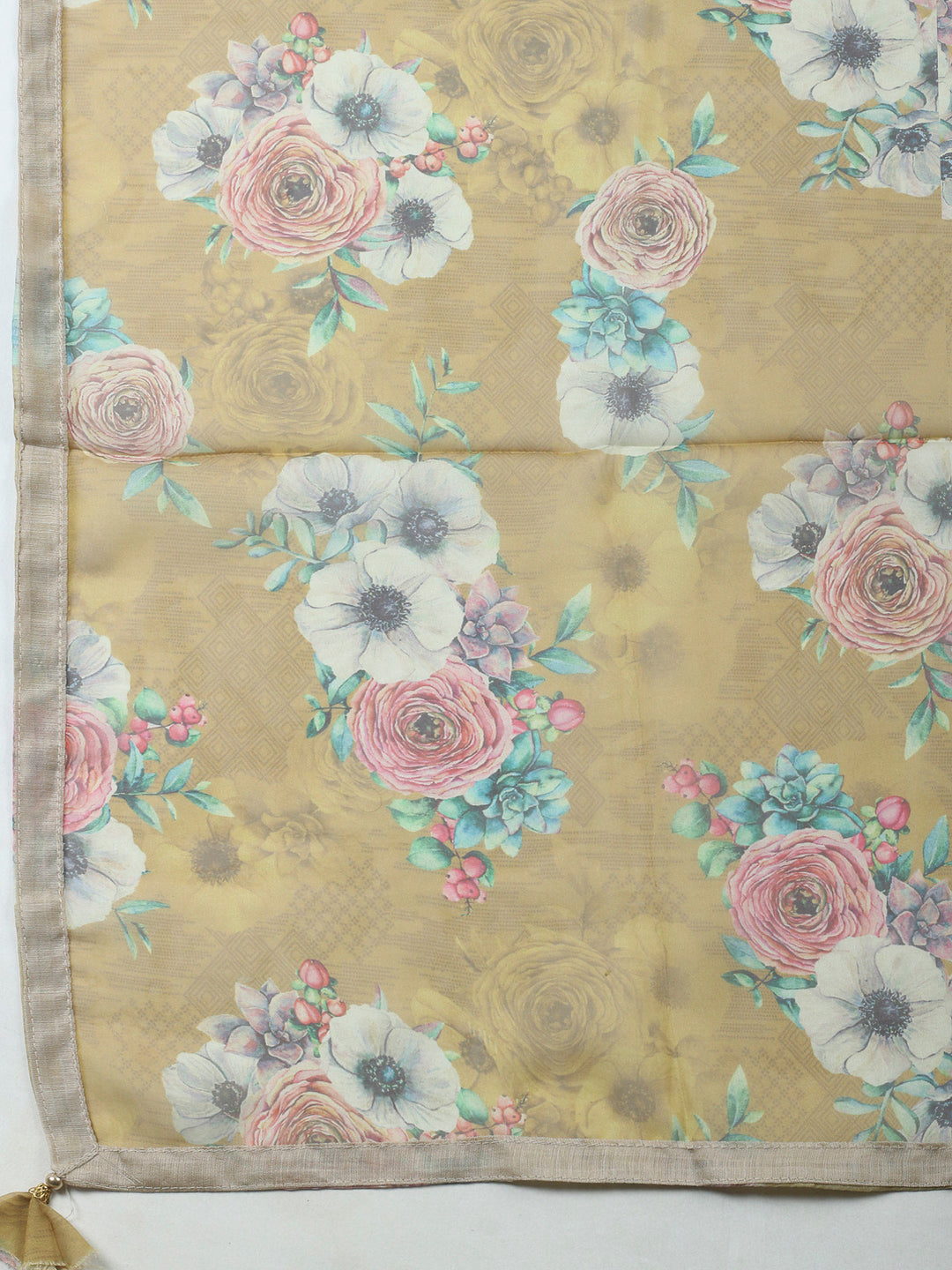 Beige-Mustard Embroidery Chanderi Unstitched Dress Material