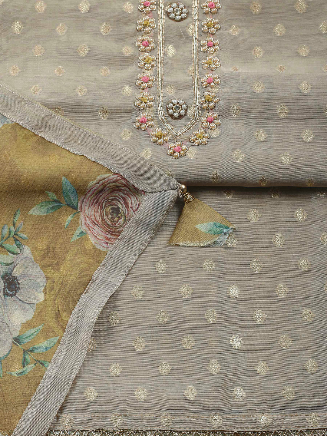 Beige-Mustard Embroidery Chanderi Unstitched Dress Material