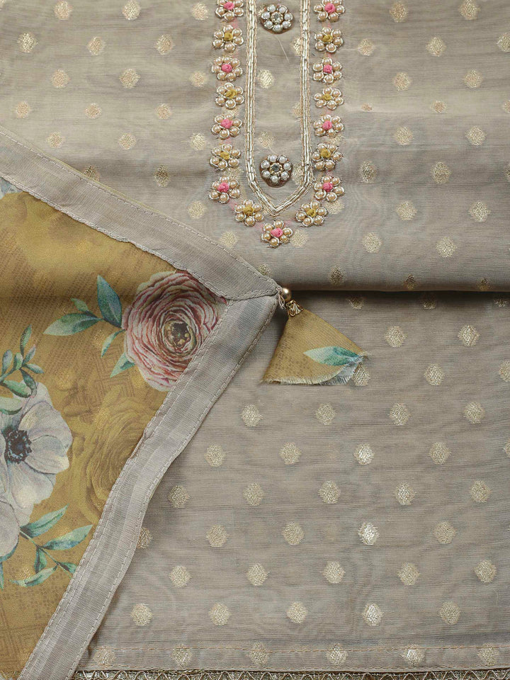 Beige-Mustard Embroidery Chanderi Unstitched Dress Material