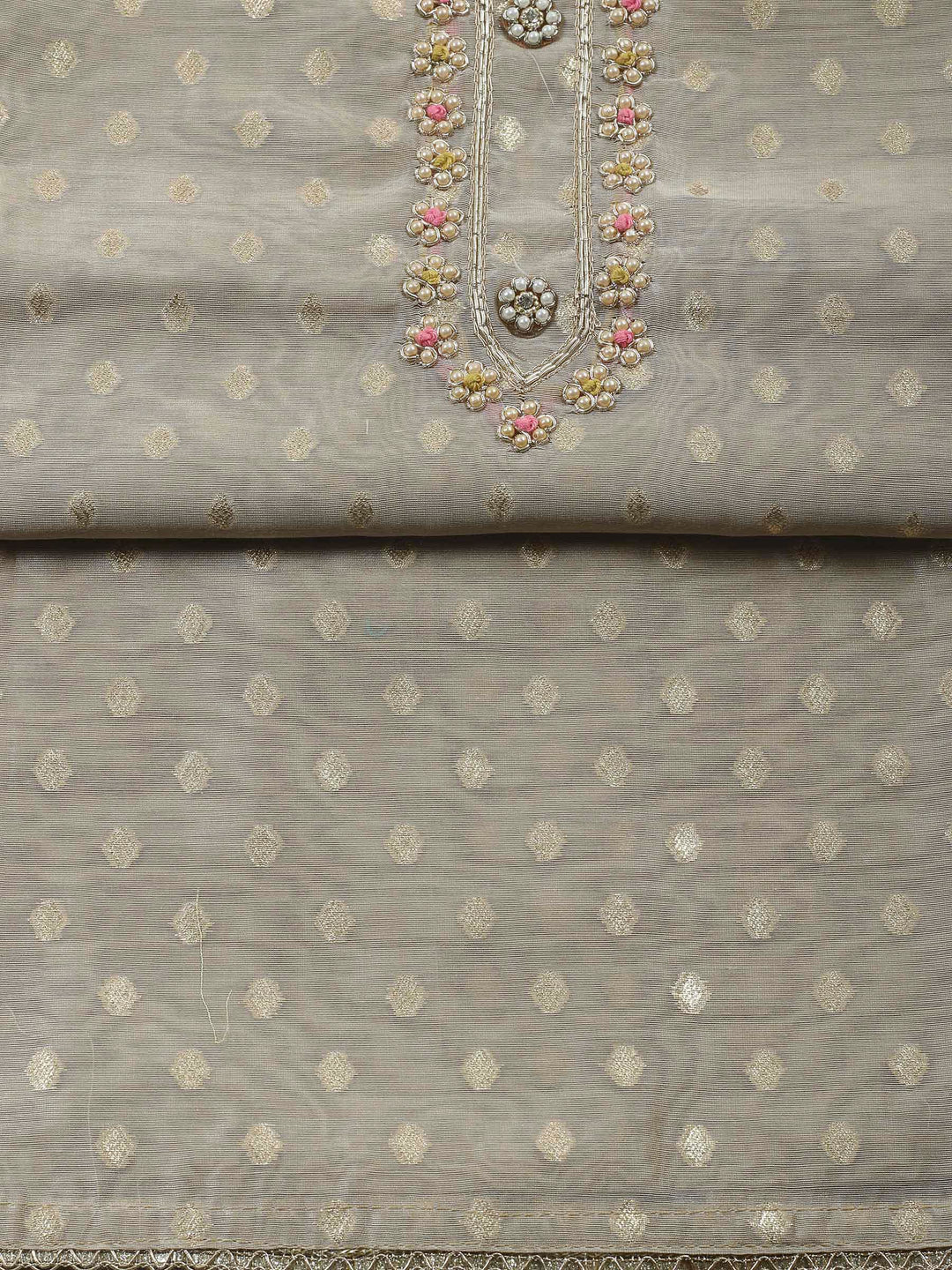 Beige-Mustard Embroidery Chanderi Unstitched Dress Material