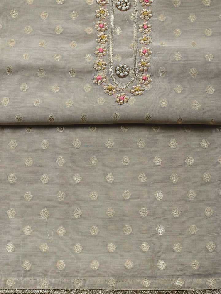 Beige-Mustard Embroidery Chanderi Unstitched Dress Material
