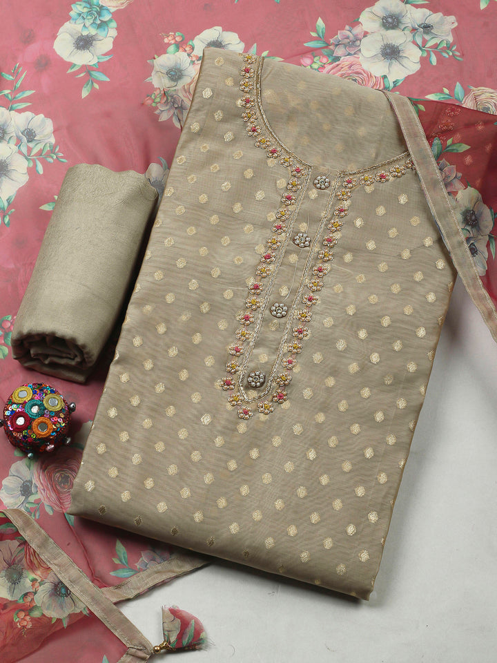 Beige-Pink Embroidery Chanderi Unstitched Dress Material