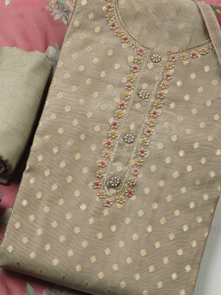 Beige-Pink Embroidery Chanderi Unstitched Dress Material