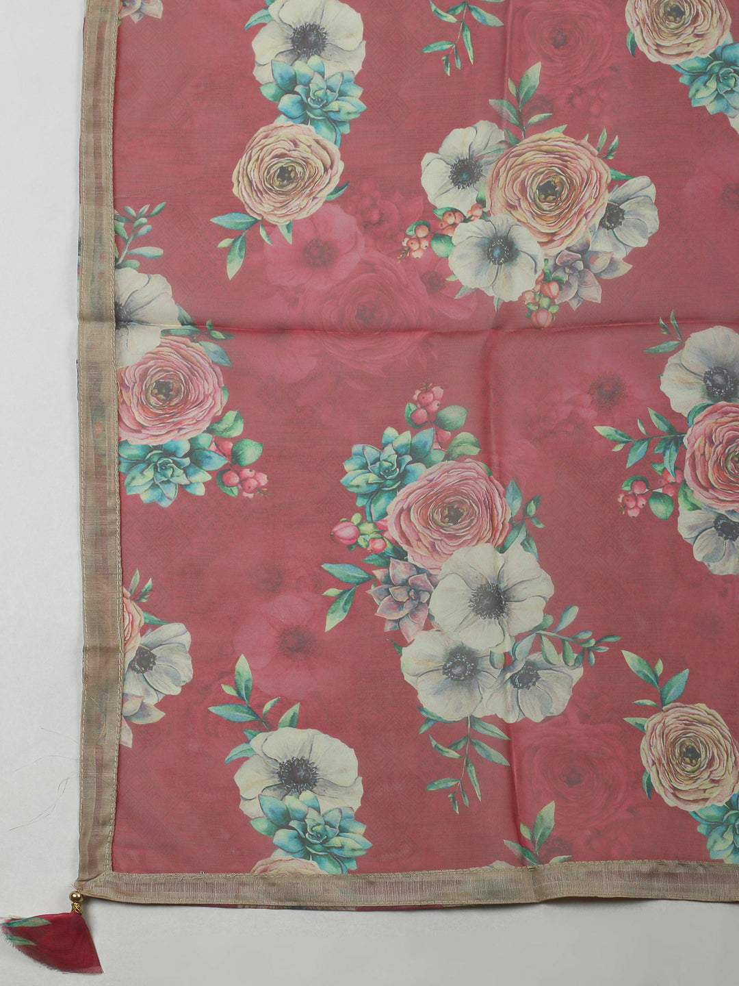 Beige-Pink Embroidery Chanderi Unstitched Dress Material
