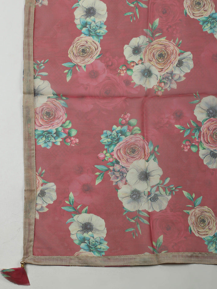 Beige-Pink Embroidery Chanderi Unstitched Dress Material