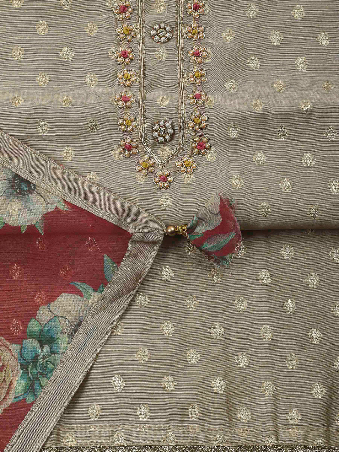 Beige-Pink Embroidery Chanderi Unstitched Dress Material