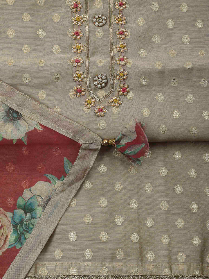 Beige-Pink Embroidery Chanderi Unstitched Dress Material