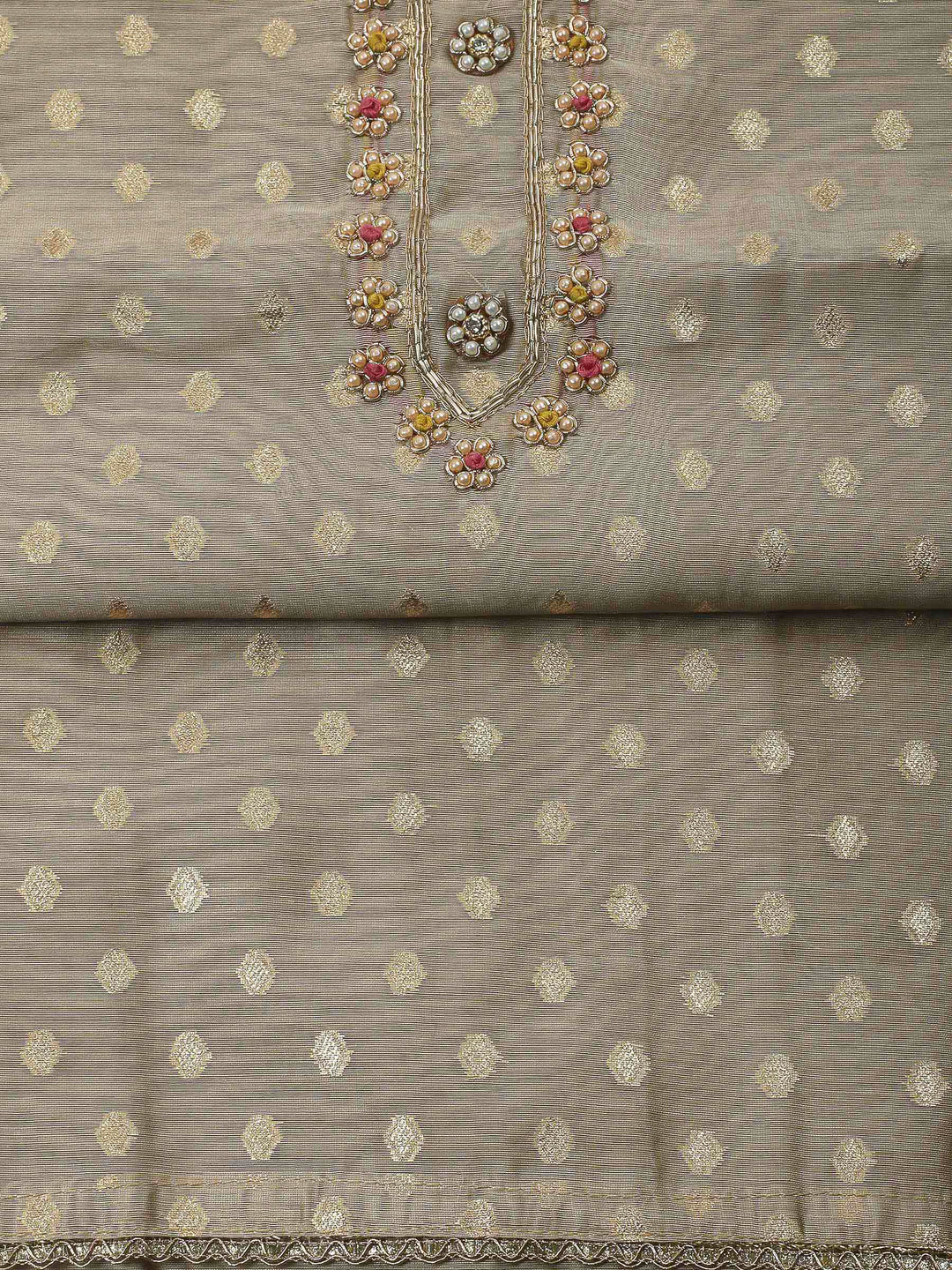 Beige-Pink Embroidery Chanderi Unstitched Dress Material