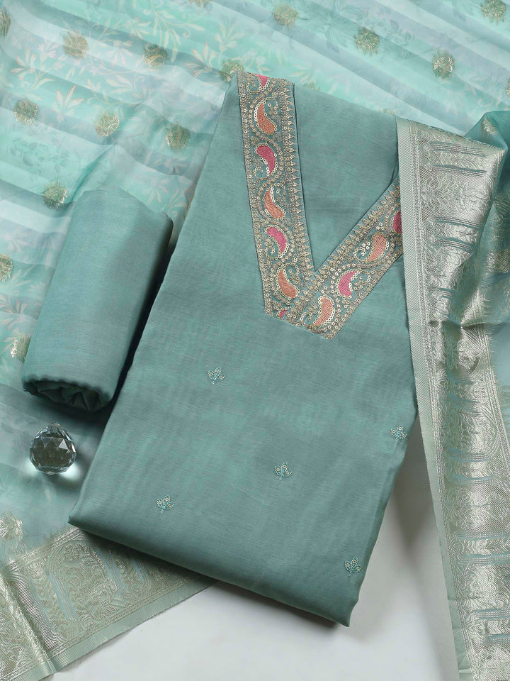 Aqua Embroidery Chanderi Unstitched Dress Material