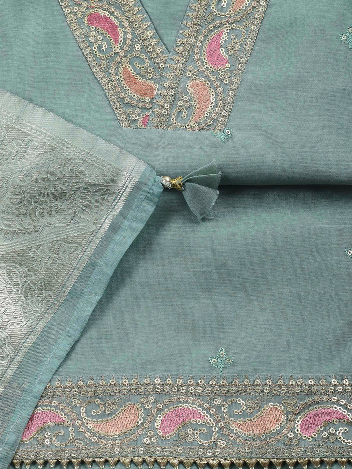 Aqua Embroidery Chanderi Unstitched Dress Material