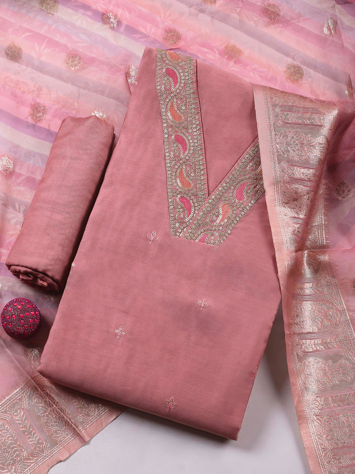 Dusty Pink Embroidery Chanderi Unstitched Dress Material