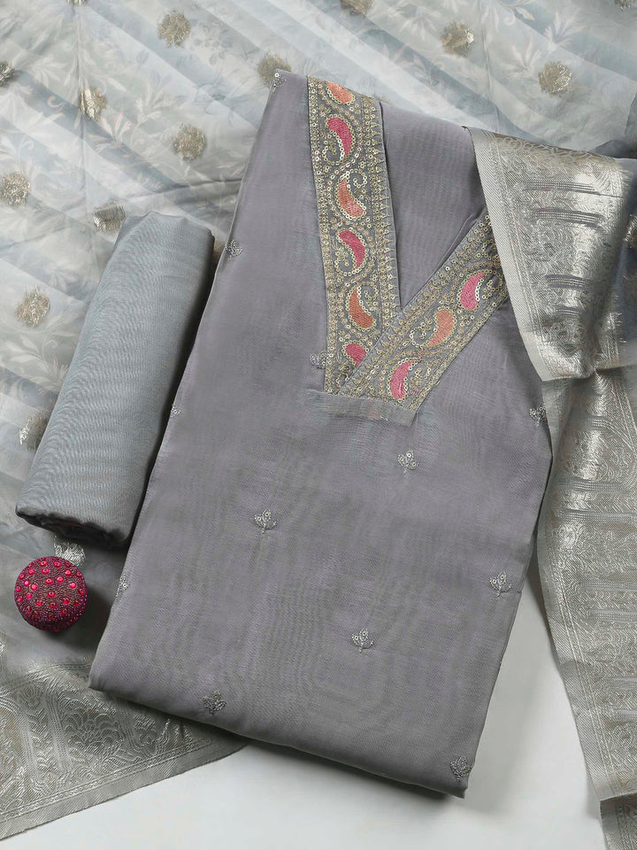 Grey Embroidery Chanderi Unstitched Dress Material
