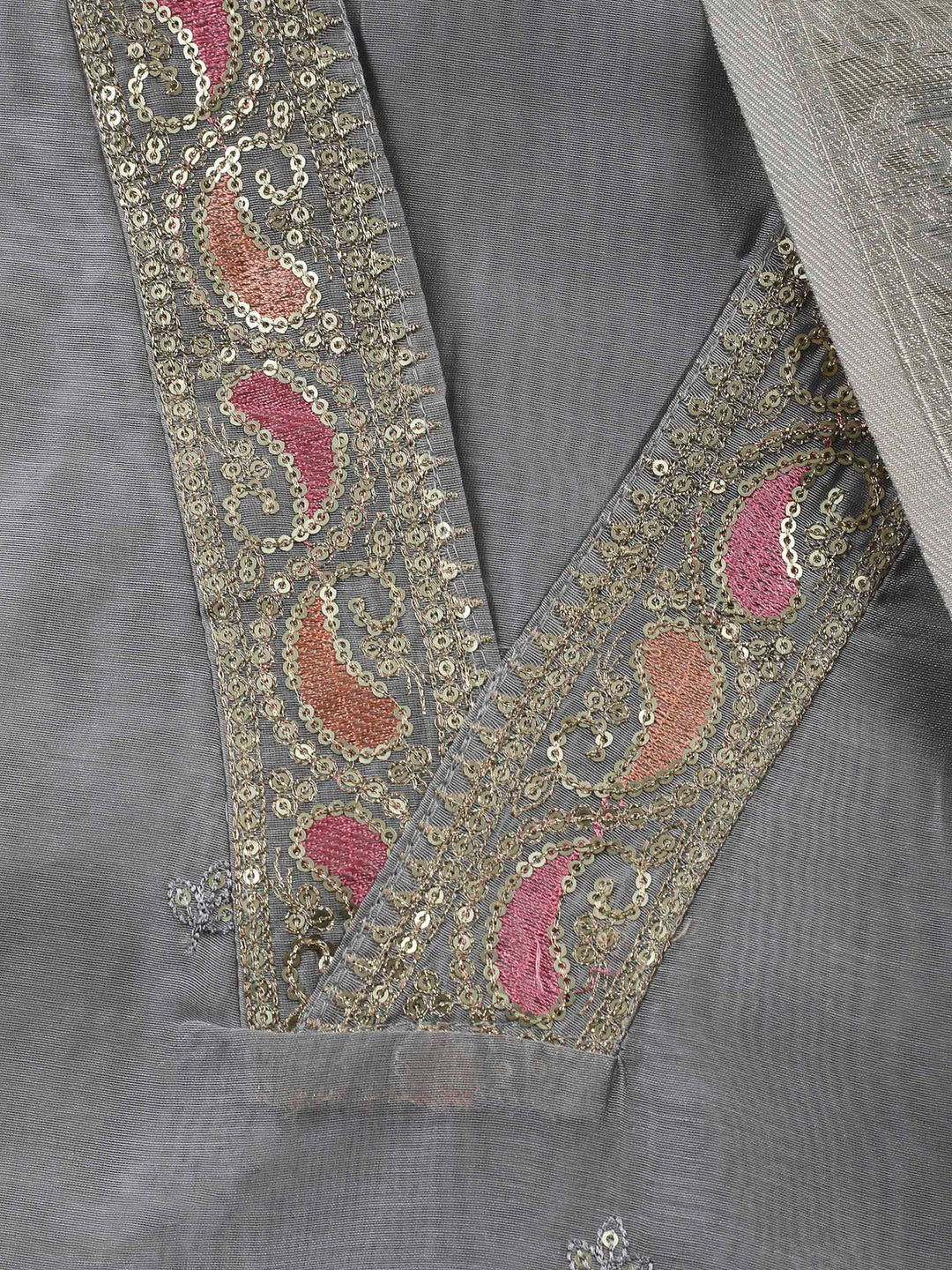 Grey Embroidery Chanderi Unstitched Dress Material