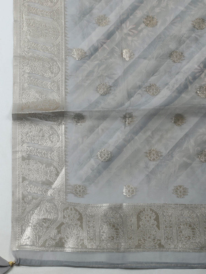 Grey Embroidery Chanderi Unstitched Dress Material
