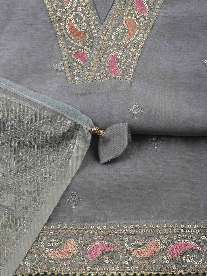 Grey Embroidery Chanderi Unstitched Dress Material