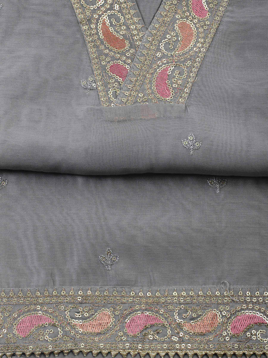 Grey Embroidery Chanderi Unstitched Dress Material