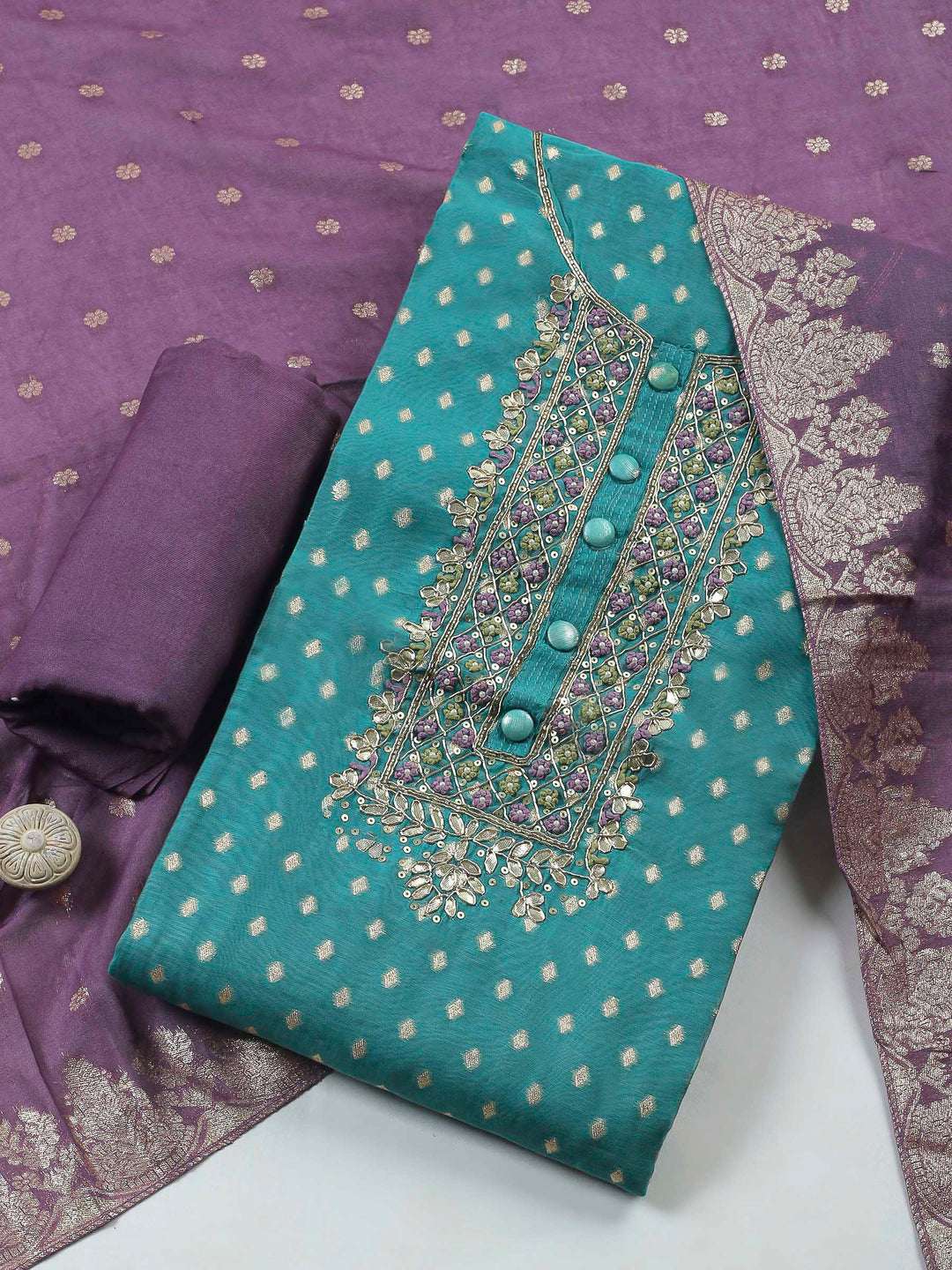 Green Embroidery Chanderi Unstitched Dress Material