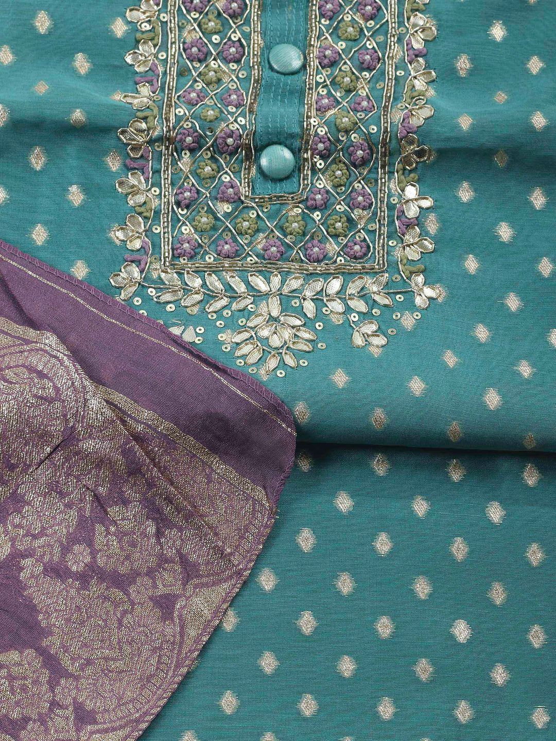 Green Embroidery Chanderi Unstitched Dress Material