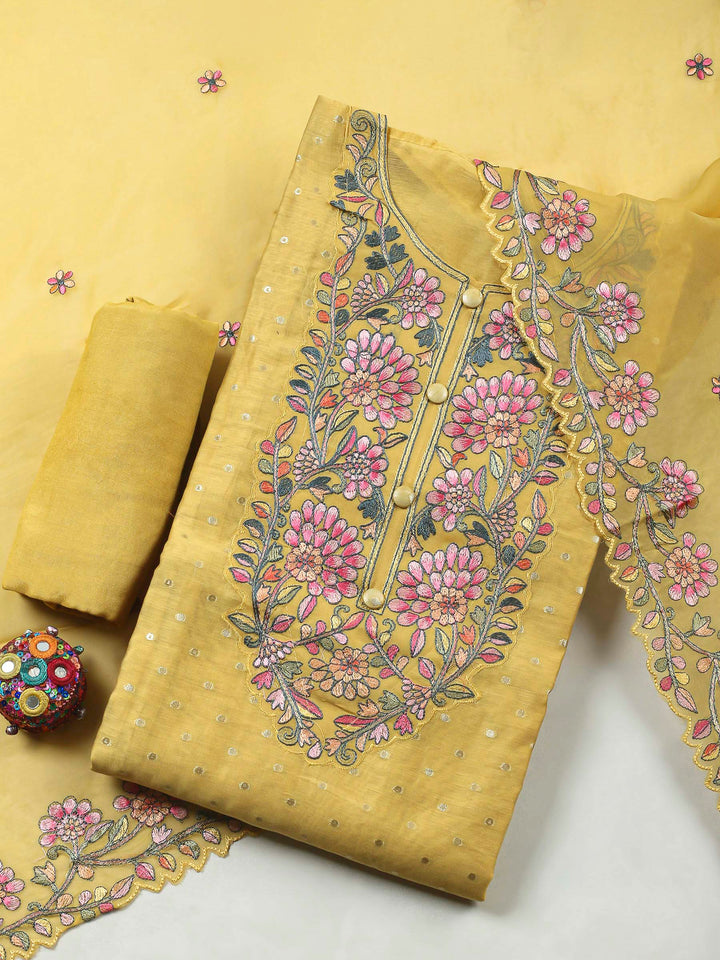 Mustard Embroidery Chanderi Unstitched Dress Material