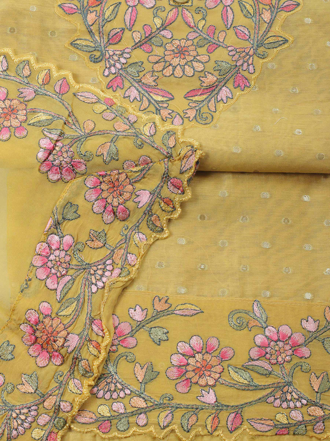 Mustard Embroidery Chanderi Unstitched Dress Material