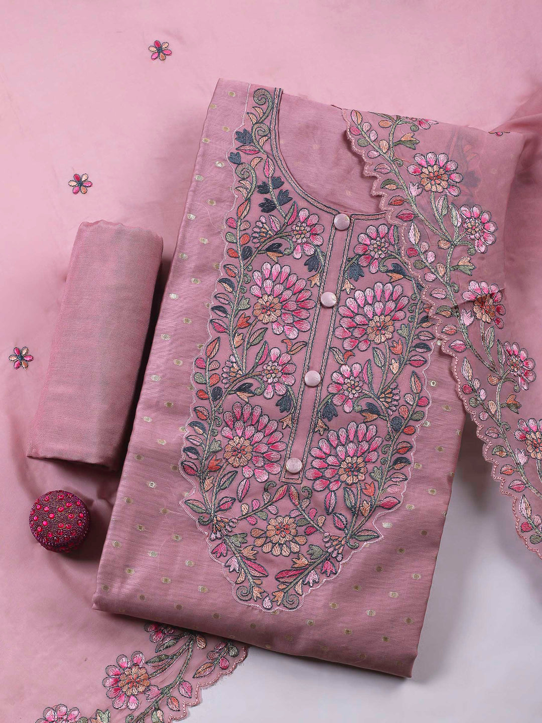 Onion Pink Embroidery Chanderi Unstitched Dress Material