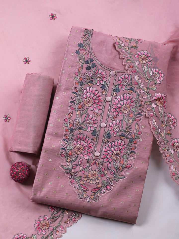 Onion Pink Embroidery Chanderi Unstitched Dress Material