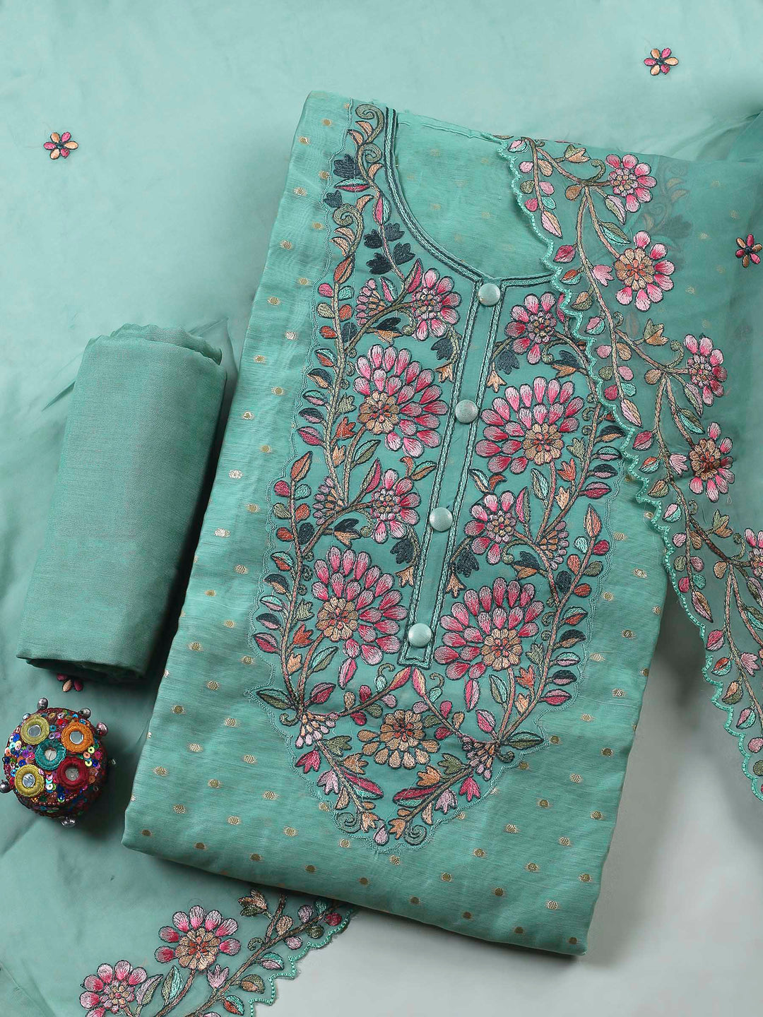 Sea Green Embroidery Chanderi Unstitched Dress Material