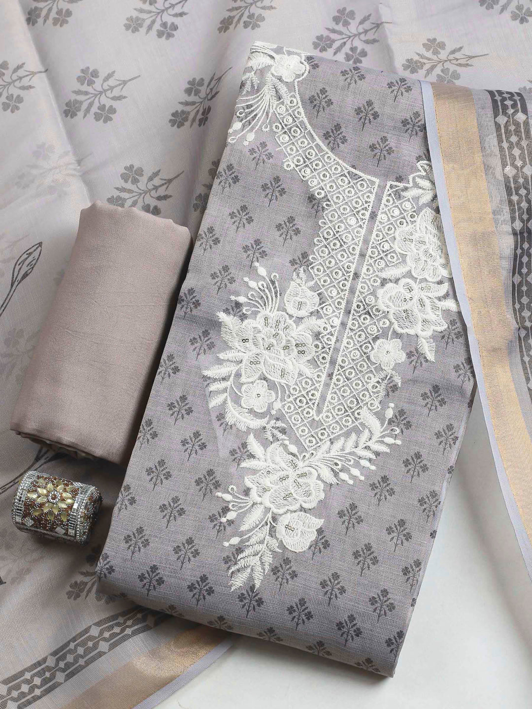 Grey Embroidery Chanderi Unstitched Dress Material