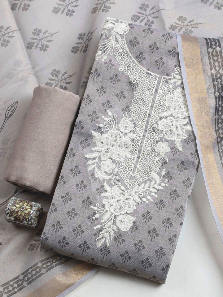 Grey Embroidery Chanderi Unstitched Dress Material