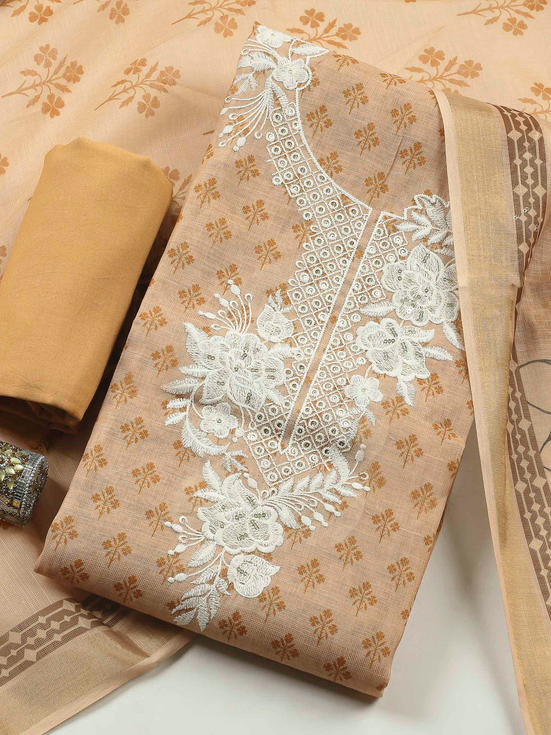 Peach Embroidery Chanderi Unstitched Dress Material