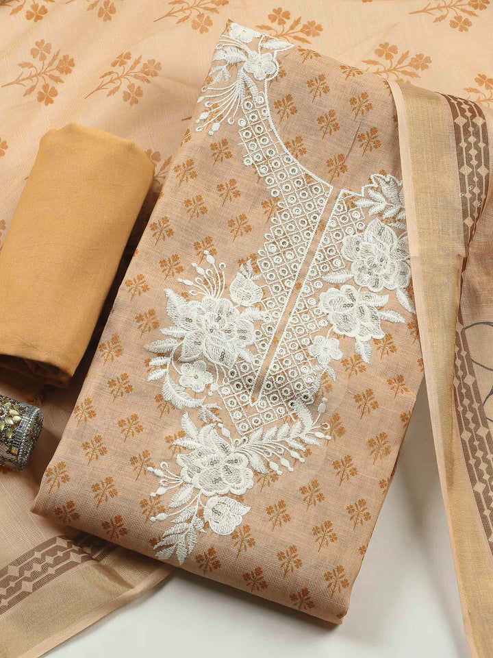 Peach Embroidery Chanderi Unstitched Dress Material