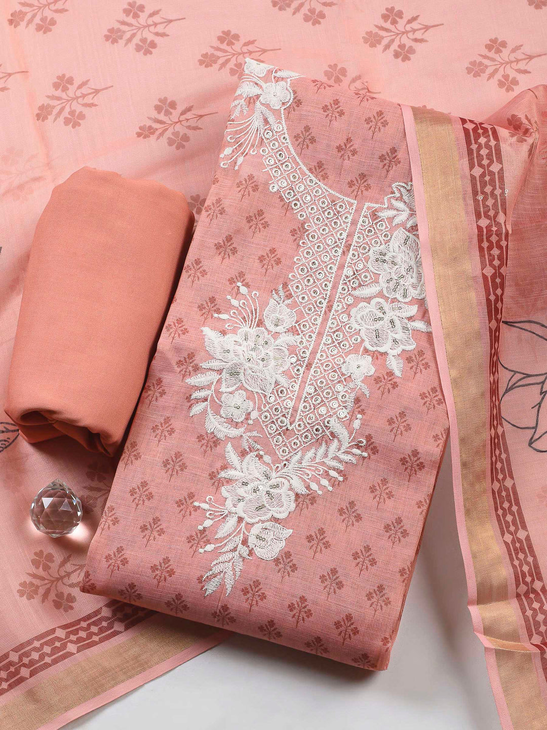 Pink Embroidery Chanderi Unstitched Dress Material