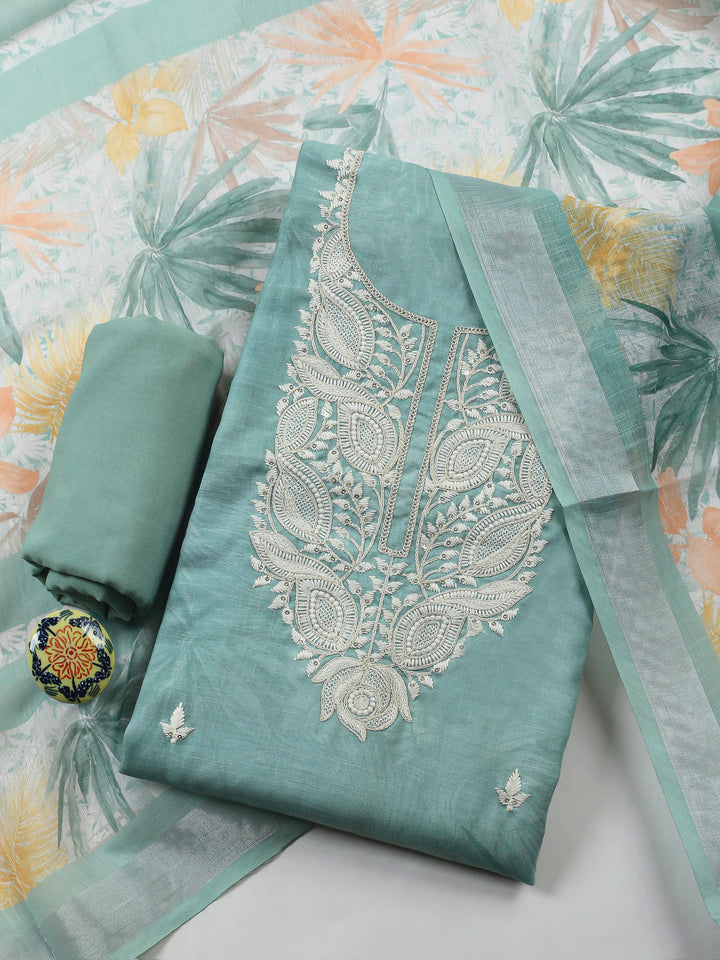 Aqua Green Embroidery Cotton Blend Unstitched Dress Material