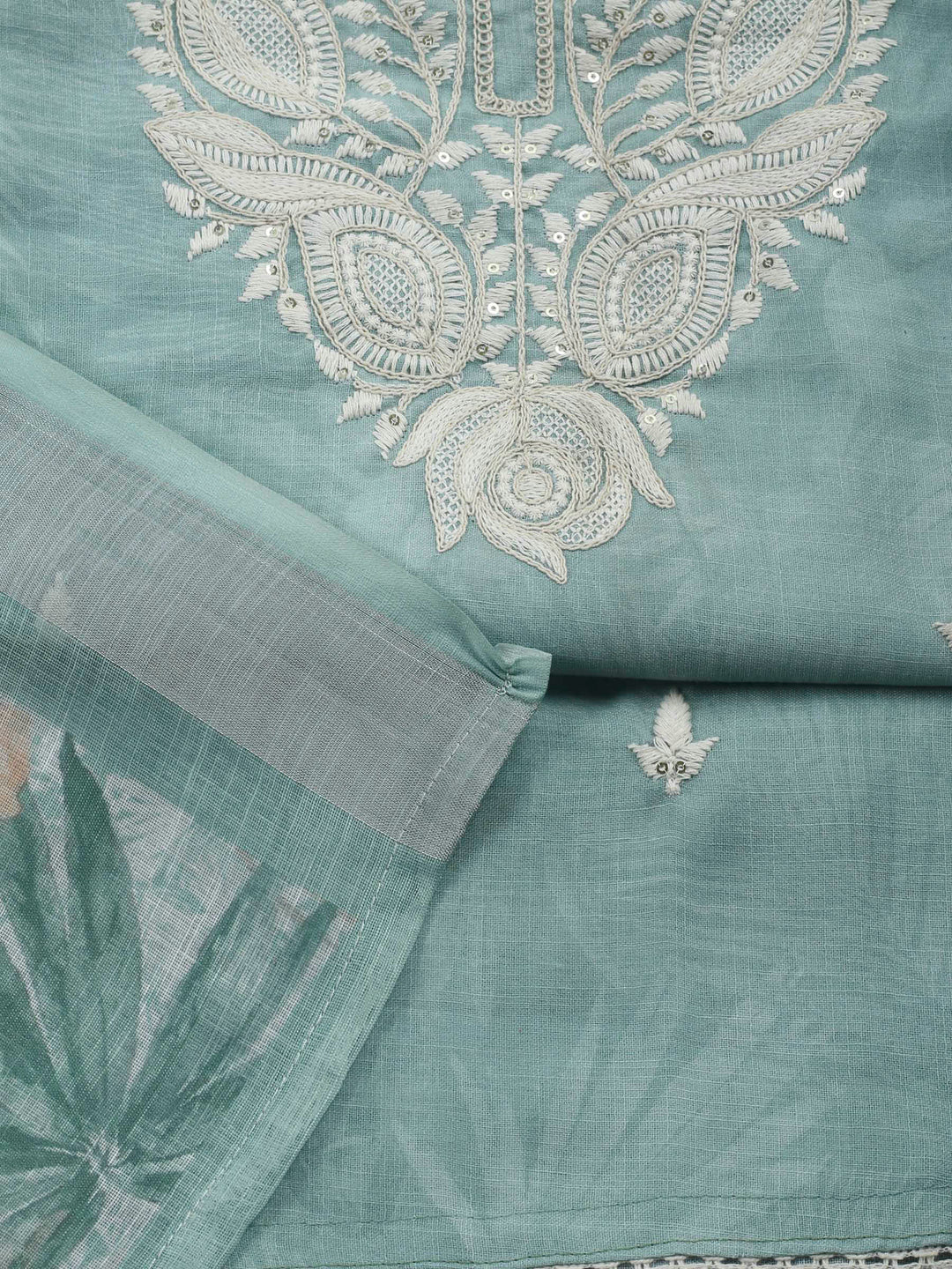 Aqua Green Embroidery Cotton Blend Unstitched Dress Material