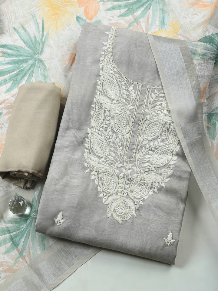 Beige Embroidery Cotton Blend Unstitched Dress Material