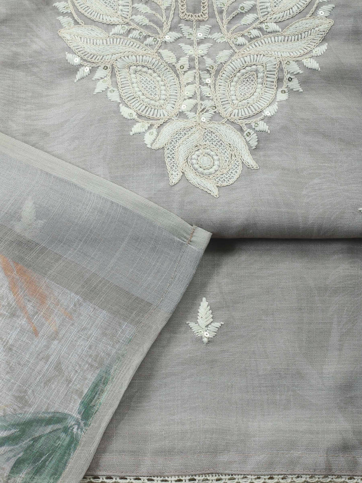 Beige Embroidery Cotton Blend Unstitched Dress Material