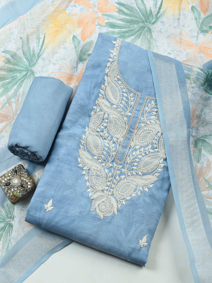 Grey Embroidery Cotton Blend Unstitched Dress Material