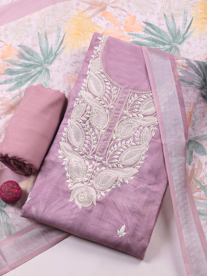 Pink Embroidery Cotton Blend Unstitched Dress Material